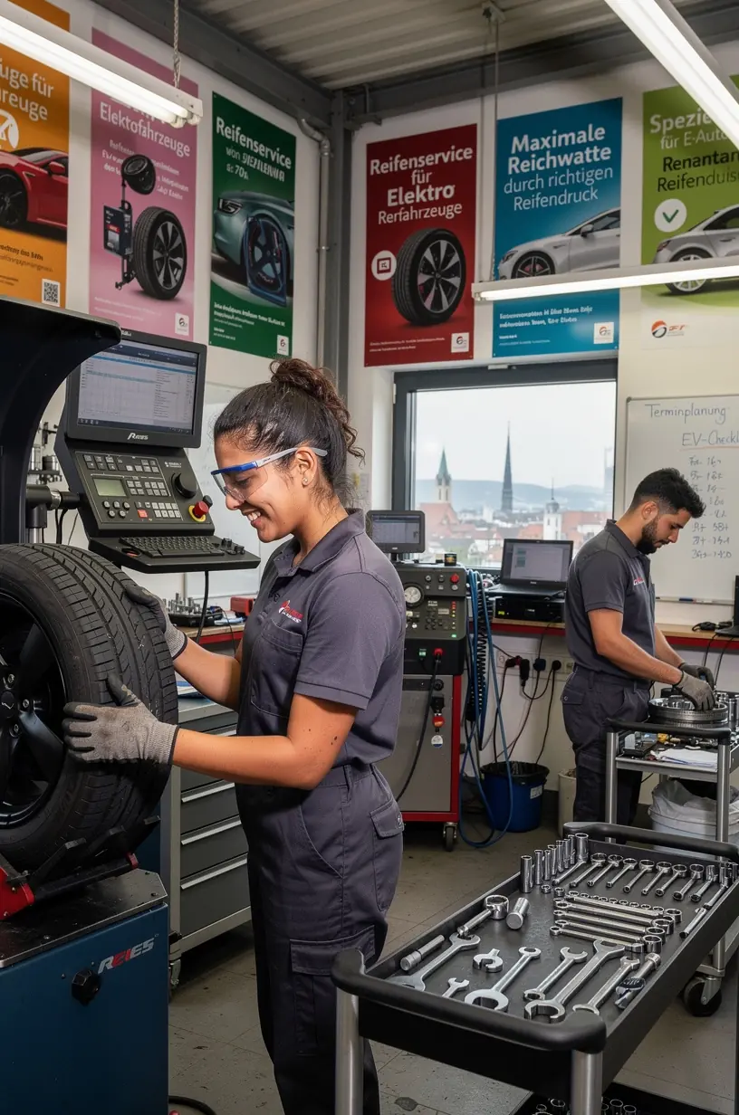 Mechaniker kontrolliert Reifendruck an einem Elektrofahrzeug mit digitalem Gerät