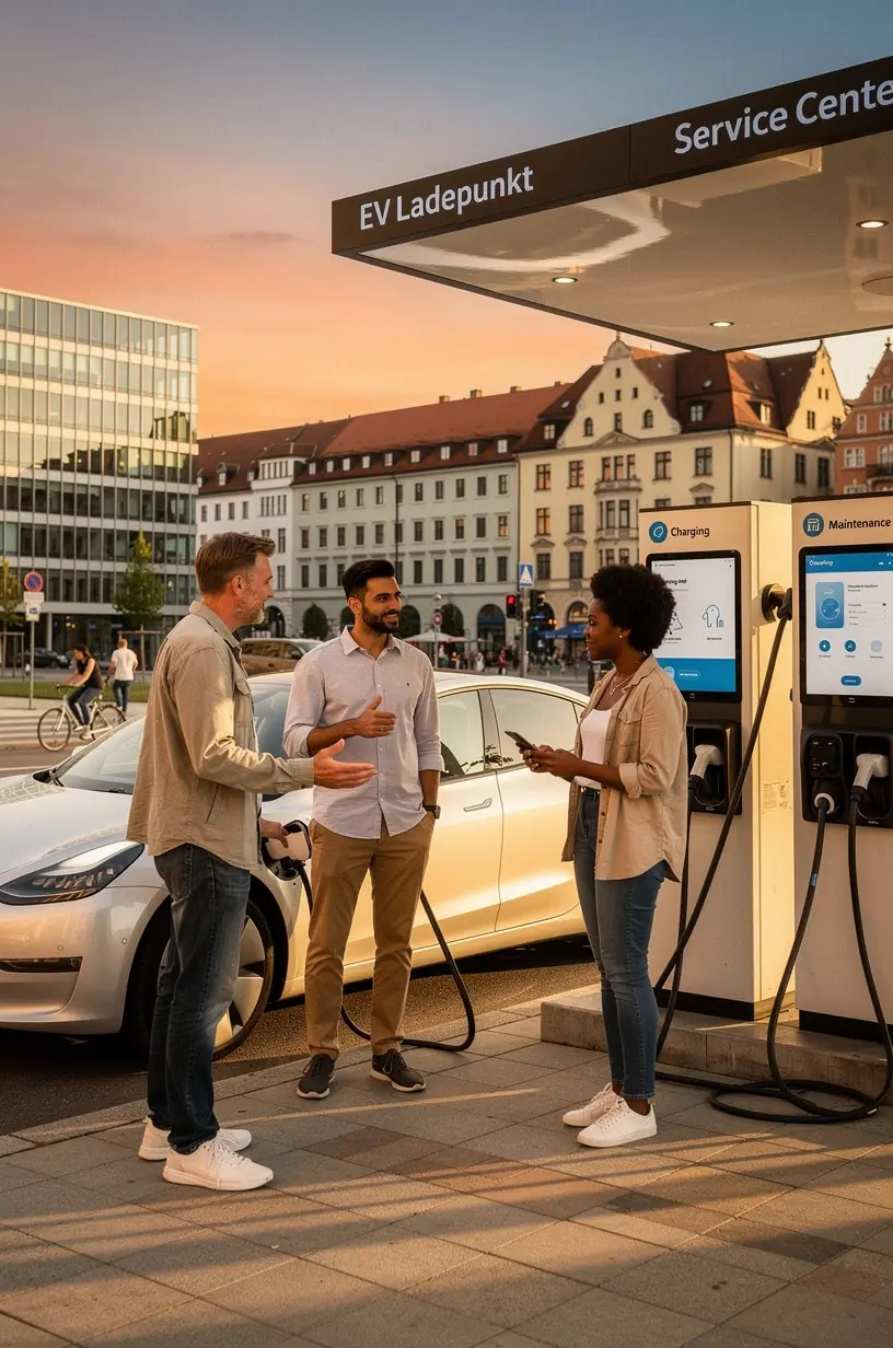 Techniker führt Software-Update an Elektrofahrzeug durch zur Optimierung der Leistung
